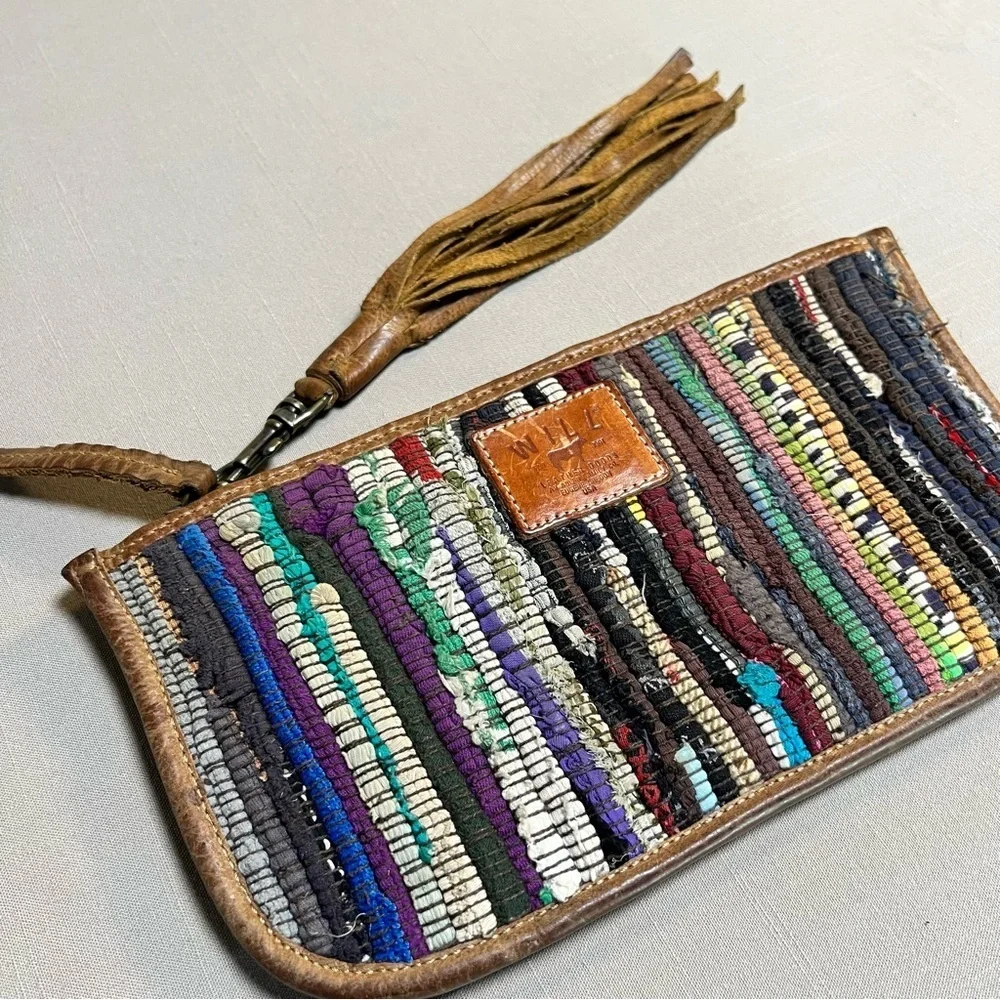 Will Leather Goods Woven Boho Clutch Wristlet • Leather Trim • Multicolor